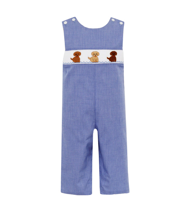 Petit Bebe - Smocked Jon Jon - Puppies - Royal Blue Micro Check